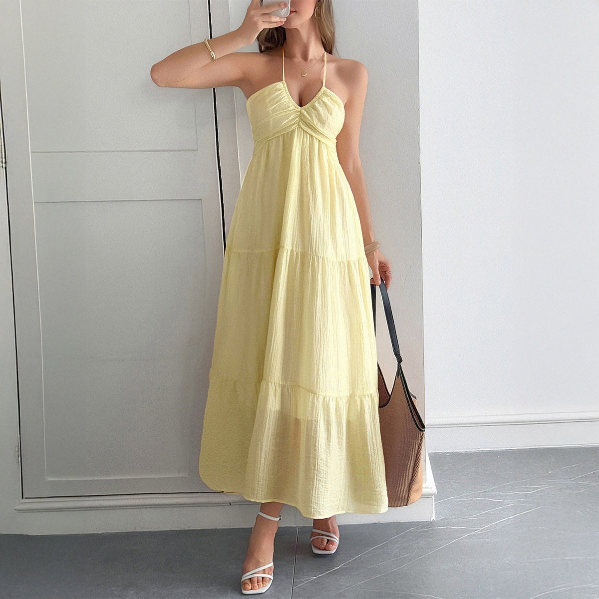 Deep V neck Midi Halter dress