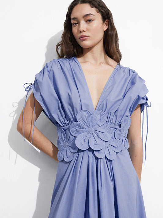 Deep V Neck Batwing Sleeves Flower Dress