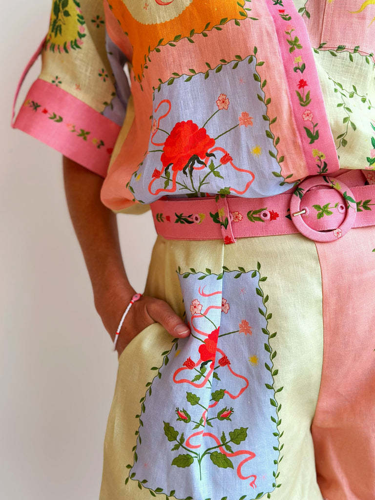 Casual Floral Print Shirt Linen Short Set