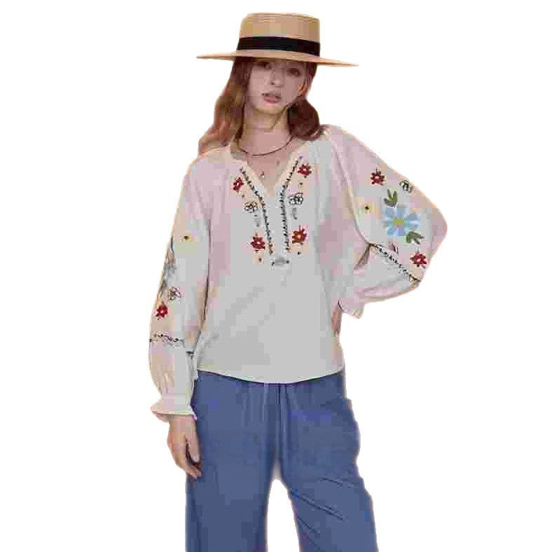 Bohemia V Neck Pullover Ebroidery Shirt for women