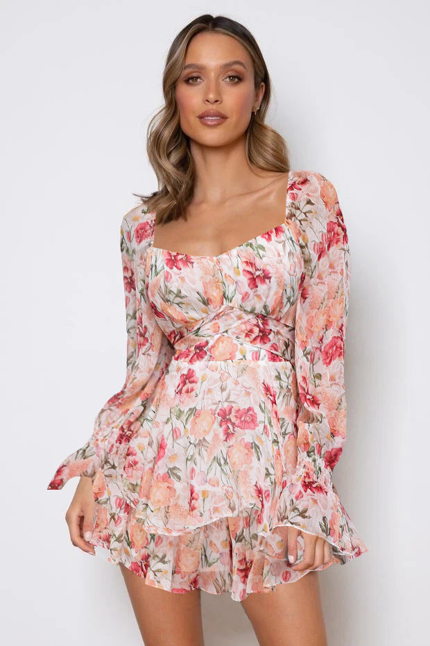 Pink Heart Neck Floral Printed Mini Jumpsuit