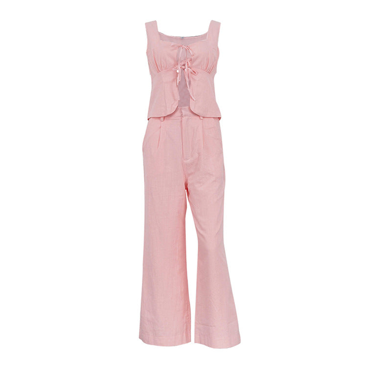 Pink Sexy Vest Casual Linen Pants Set