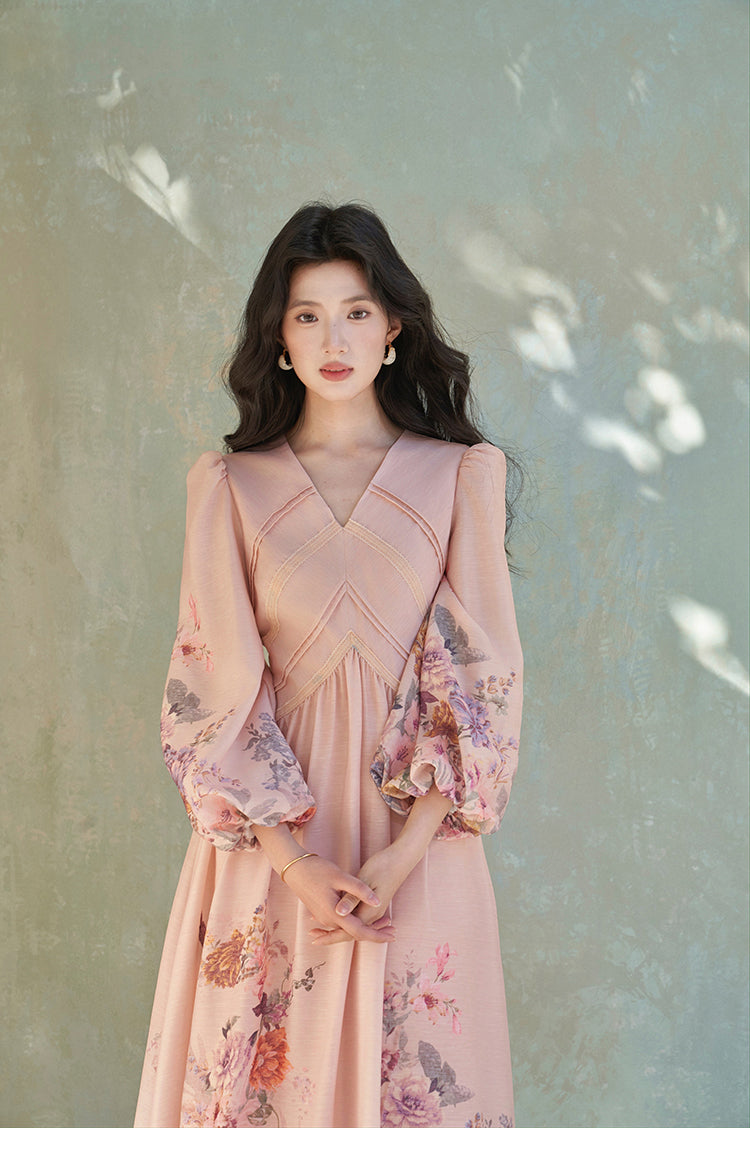 Floral Print Puff Lantern Sleeves Midi Dress