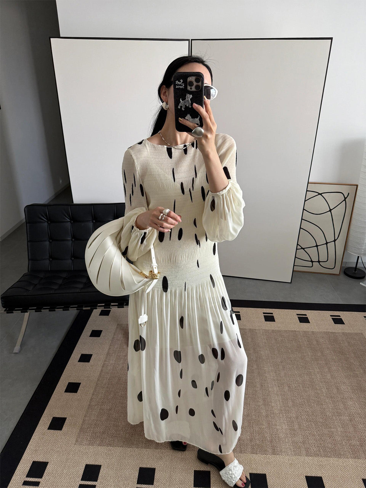 Elegant  Polka Dot Pleated Dress for Office Lady