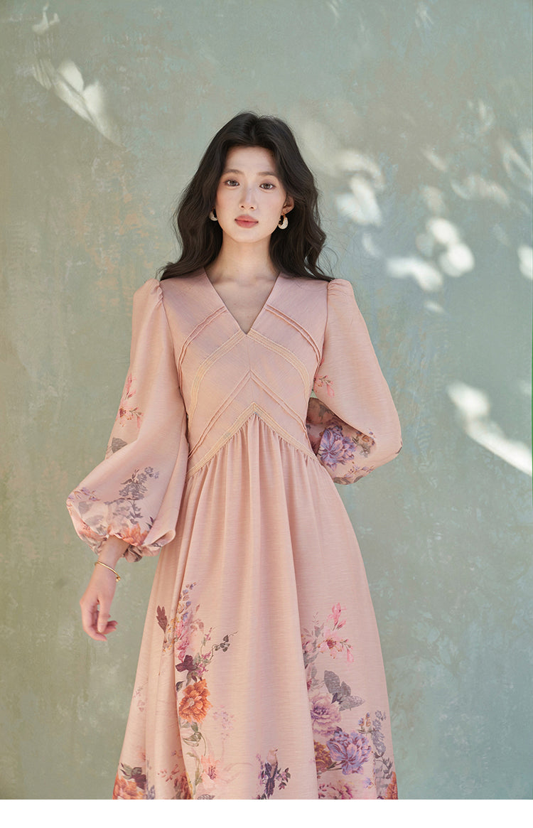 Floral Print Puff Lantern Sleeves Midi Dress