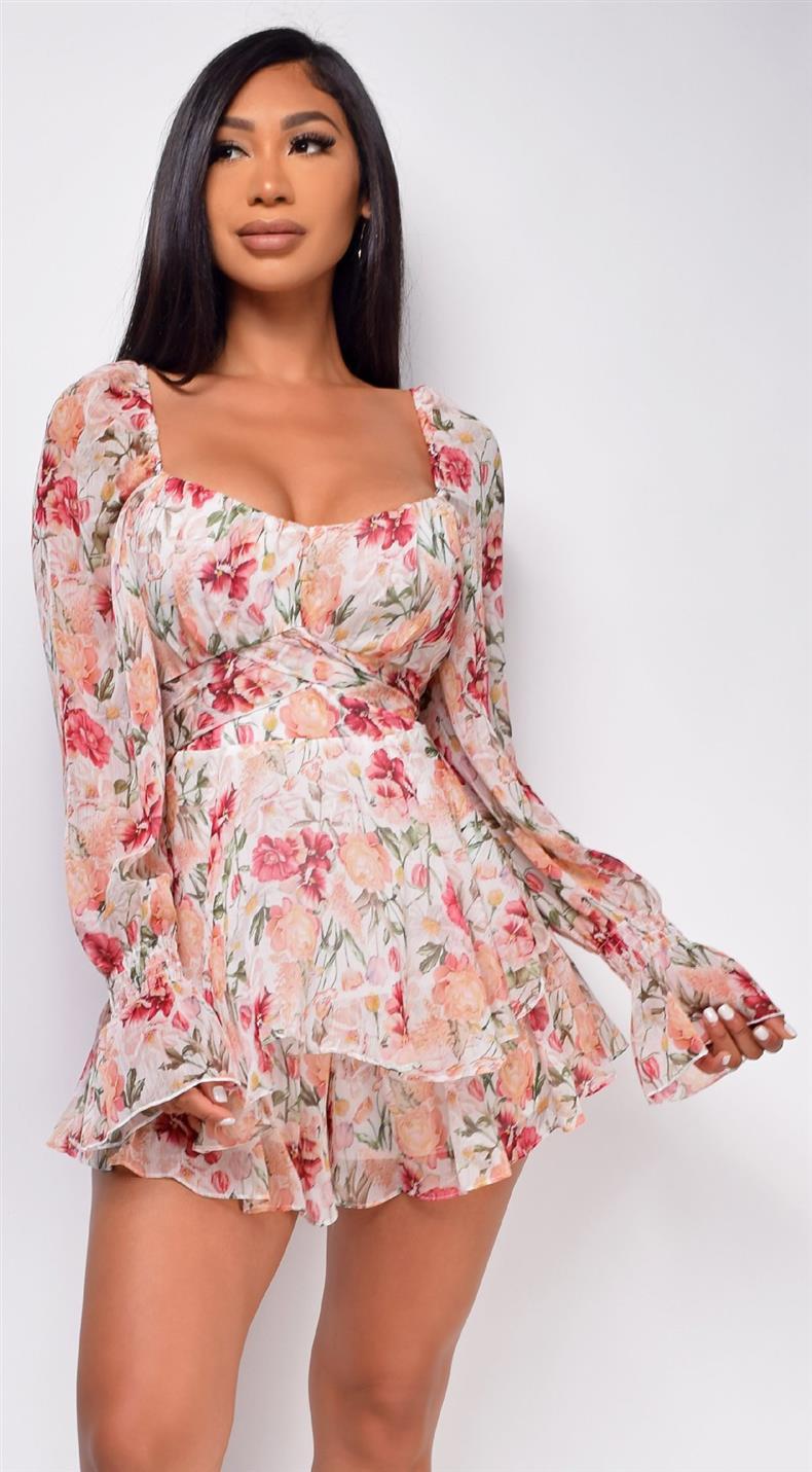 Pink Heart Neck Floral Printed Mini Jumpsuit