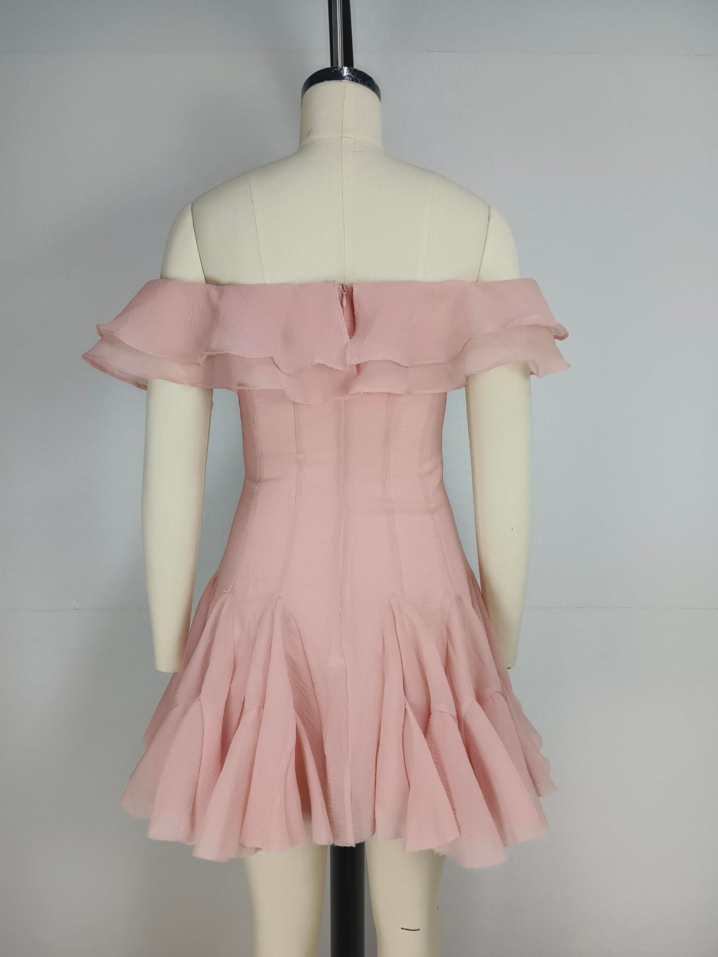 Lotus leaf edge petal one line collar cinched waist slimming A-line dress