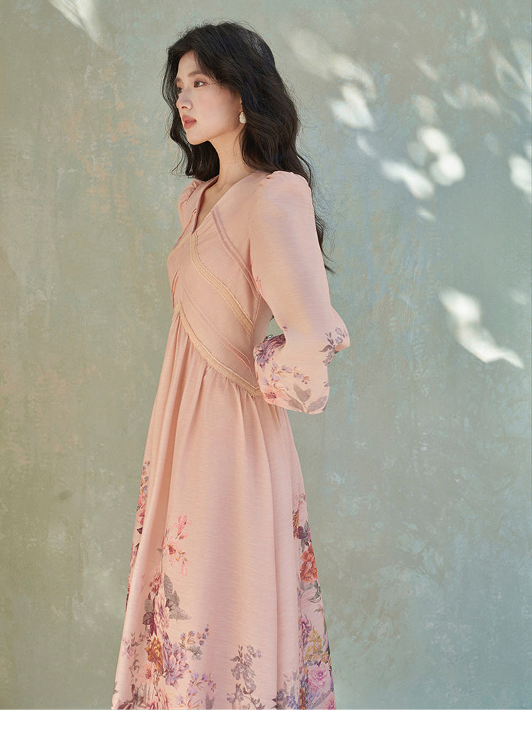Floral Print Puff Lantern Sleeves Midi Dress