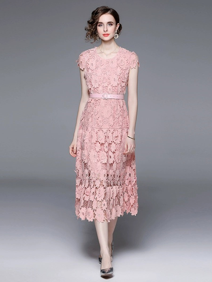 Summer new hollow out water-soluble lace embroidered round neck style fluffy dress
