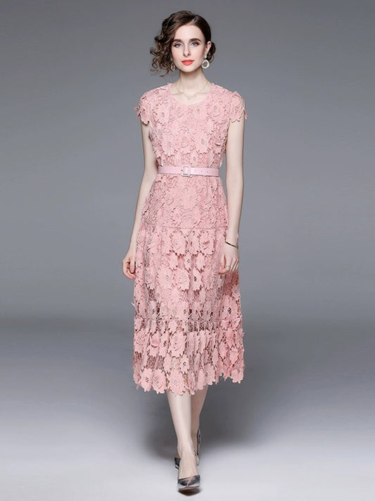 Summer new hollow out water-soluble lace embroidered round neck style fluffy dress
