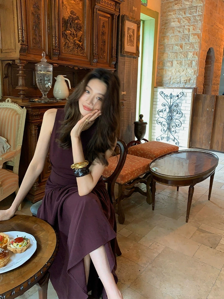 Summer Daily Leisure Tencel Linen Dress Women's Summer Wrinkled Waist for slimming and high-end feeling Sleeveless Medium length Skirt