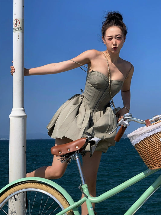 Summer new slim fit brownie A-line suspender sexy dress