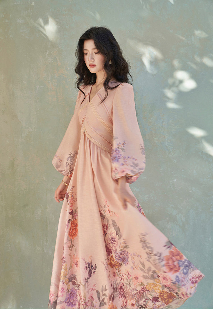 Floral Print Puff Lantern Sleeves Midi Dress