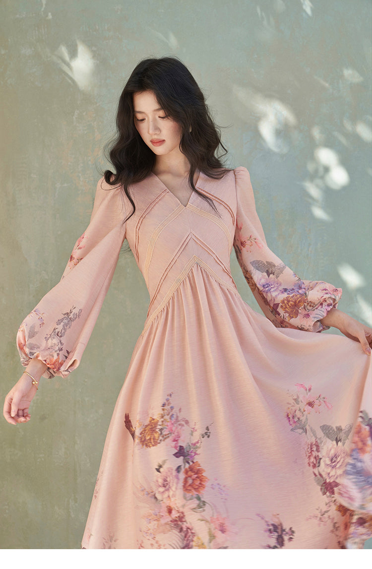 Floral Print Puff Lantern Sleeves Midi Dress