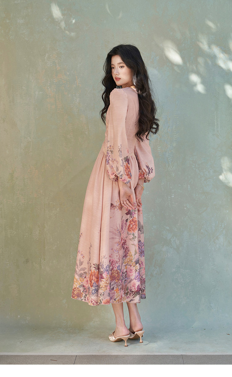 Floral Print Puff Lantern Sleeves Midi Dress