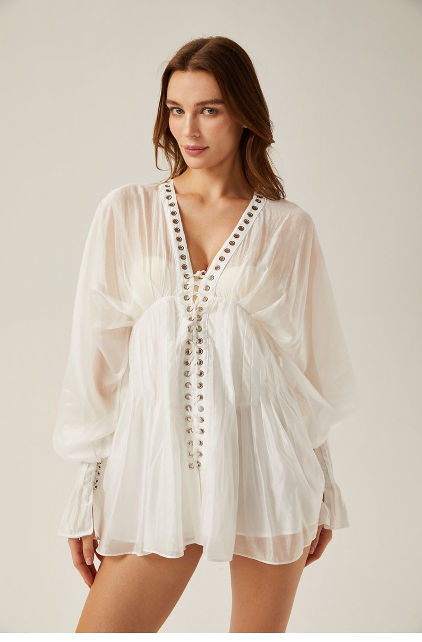 Deep V-neck Shirt Dress with Batwing Sleeves