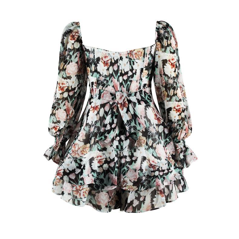 Black Heart Neck Floral Printed Mini Jumpsuit