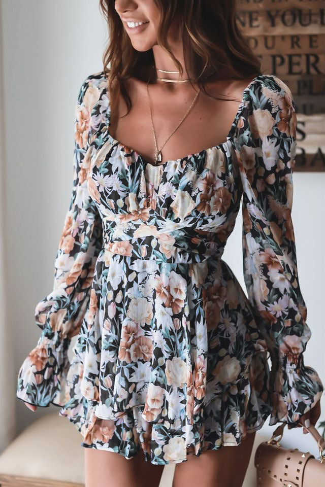 Black Heart Neck Floral Printed Mini Jumpsuit