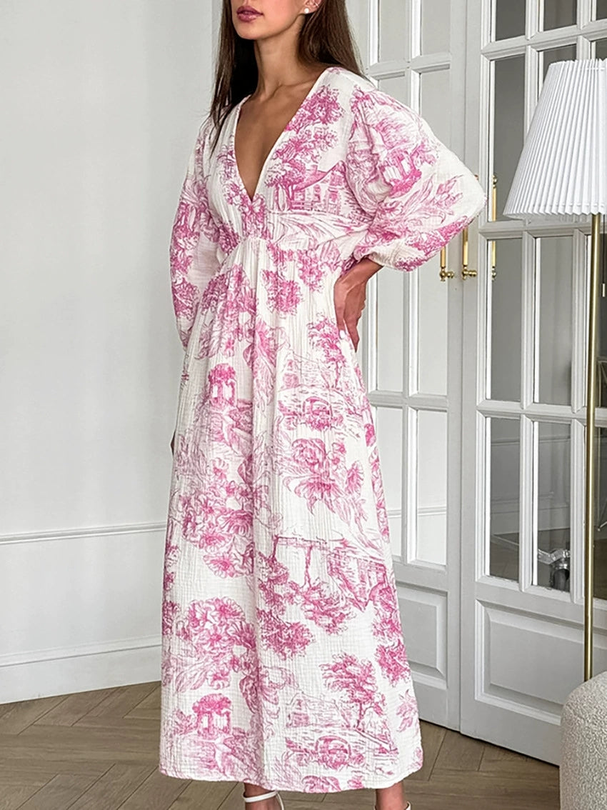 Lantern sleeve V-neck printed lace up dress