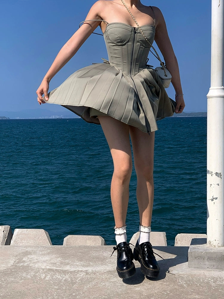 Summer new slim fit brownie A-line suspender sexy dress