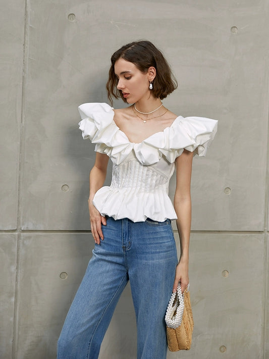 Ruffled V-neck top with vacation style bubble sleeves fishbone waist cinching shirt