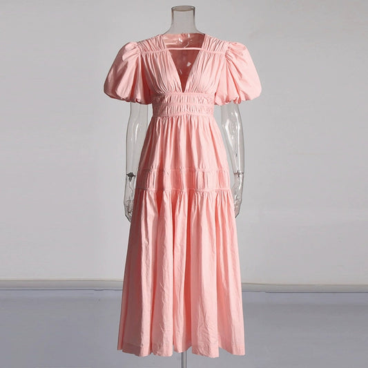 Light luxury temperamen elegant retro bubble sleeves western-style ruffle hem, waist cinched A-line pleated dress