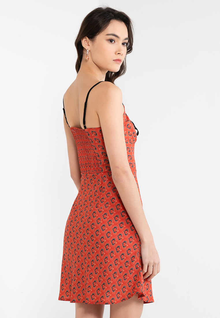 Tie Shoulder Printed Flare Mini Dress
