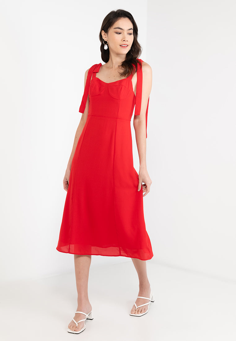 Tie Shoulder Flare Midi Dress