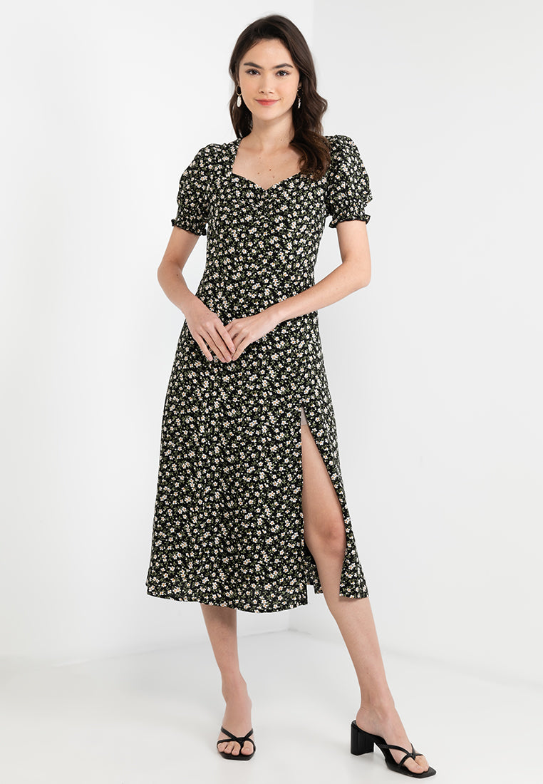 Puff Sleeve Midi Dress with Thigh Slit