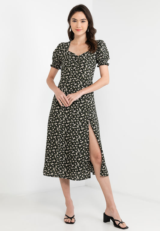 Puff Sleeve Midi Dress with Thigh Slit