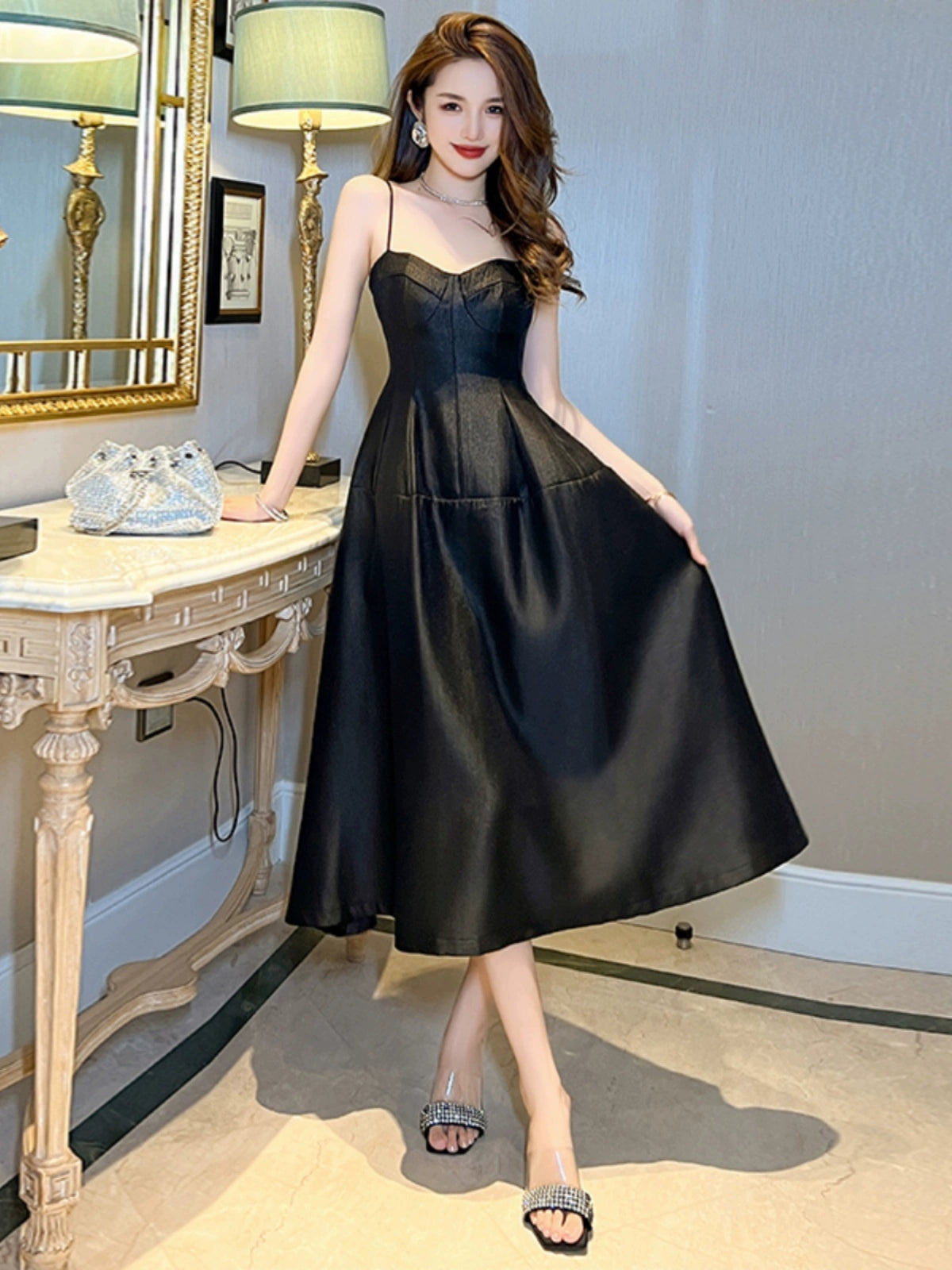 Summer black camisole dress for women's new high-end style Hepburn style waist cinching slimming maxi dresses
