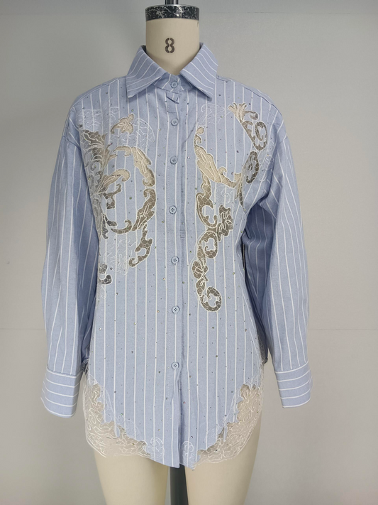 Summer hot selling long sleeved striped lapel casual hot stamping printed casual shirt