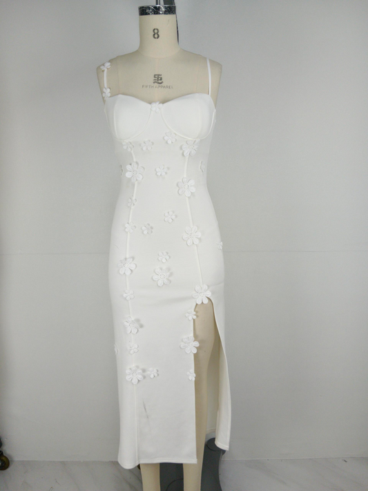 Three dimensional floral dress with a white waist cinched and split suspender long dress