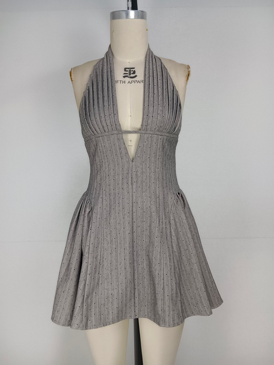 Grey hanging neck dress sexy backless spicy girl wind pressure pleated design dress
