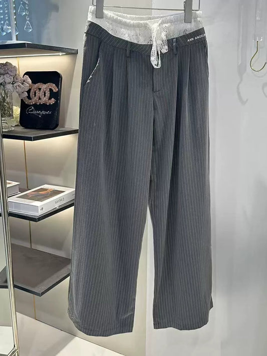 Retro lace patchwork double waisted straight leg pants