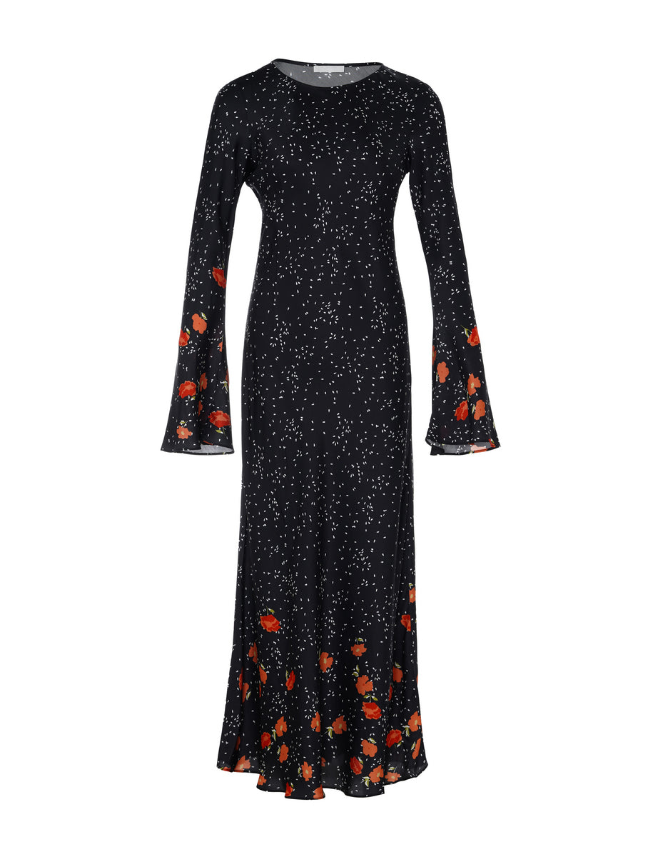 Party Floral Printed Long Dress with Flare Sleeves