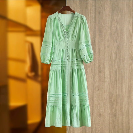 French Holiday Style Bubble Half Sleeve Lace Lace Splicing Long Dress Cool Small V-neck Summer Dress