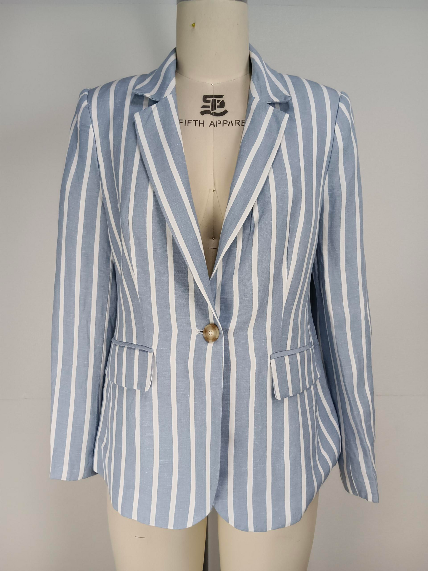 V neck striped solid color long sleeved cotton and linen women's suit