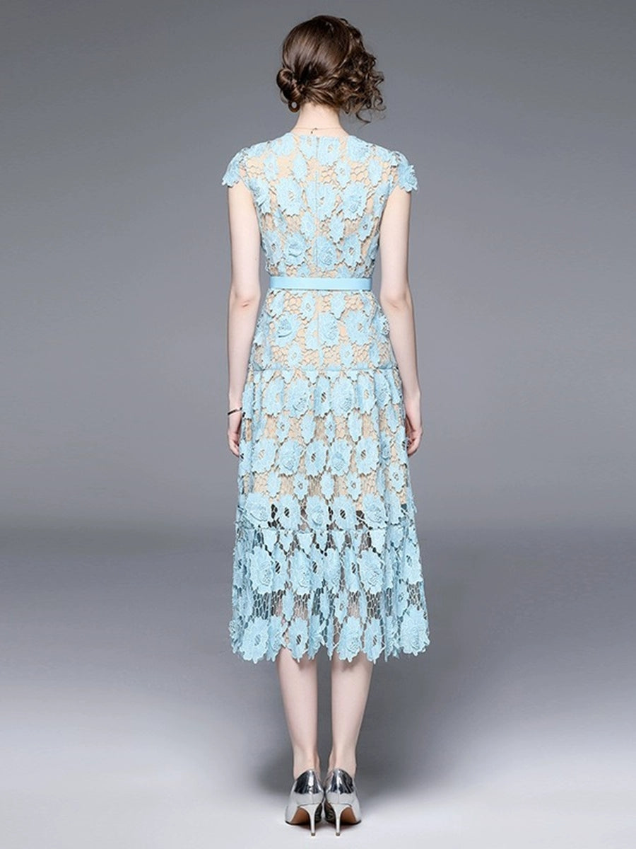 Summer new hollow out water-soluble lace embroidered round neck style fluffy dress