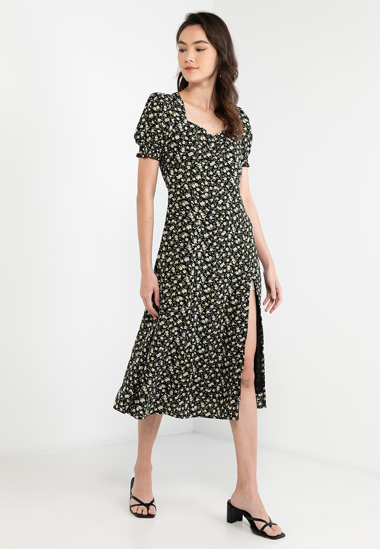 Puff Sleeve Midi Dress with Thigh Slit
