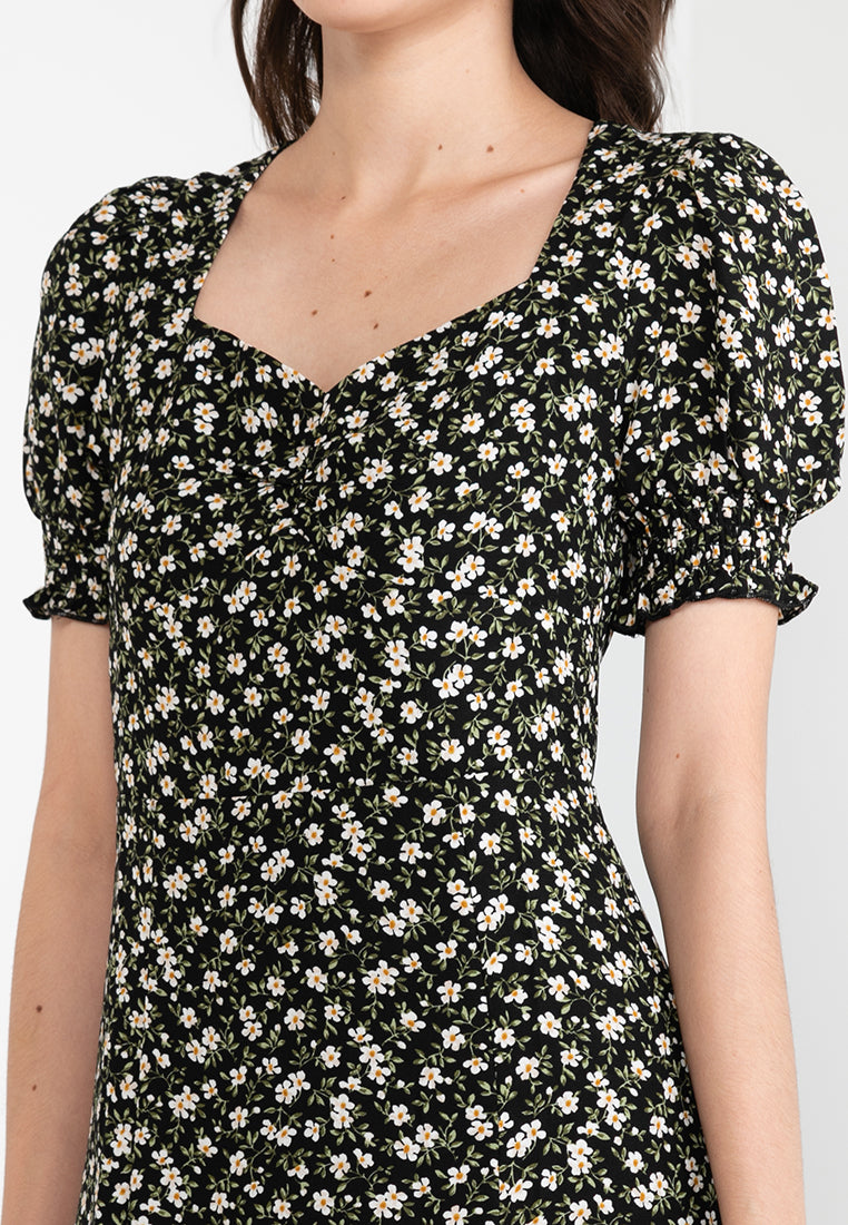 Puff Sleeve Midi Dress with Thigh Slit