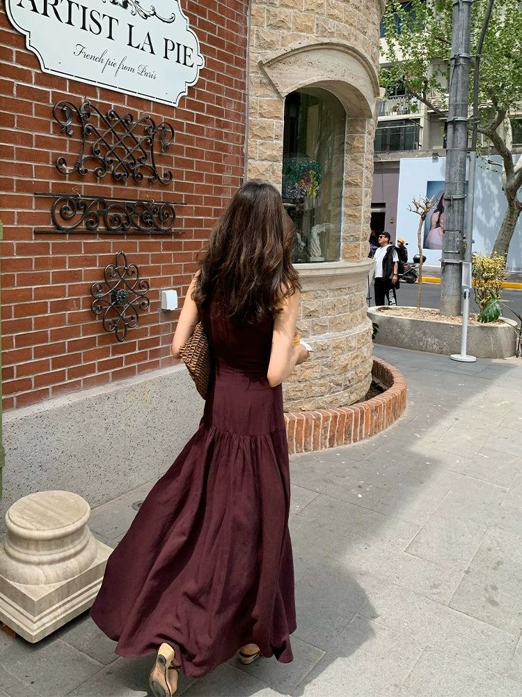 Summer Daily Leisure Tencel Linen Dress Women's Summer Wrinkled Waist for slimming and high-end feeling Sleeveless Medium length Skirt