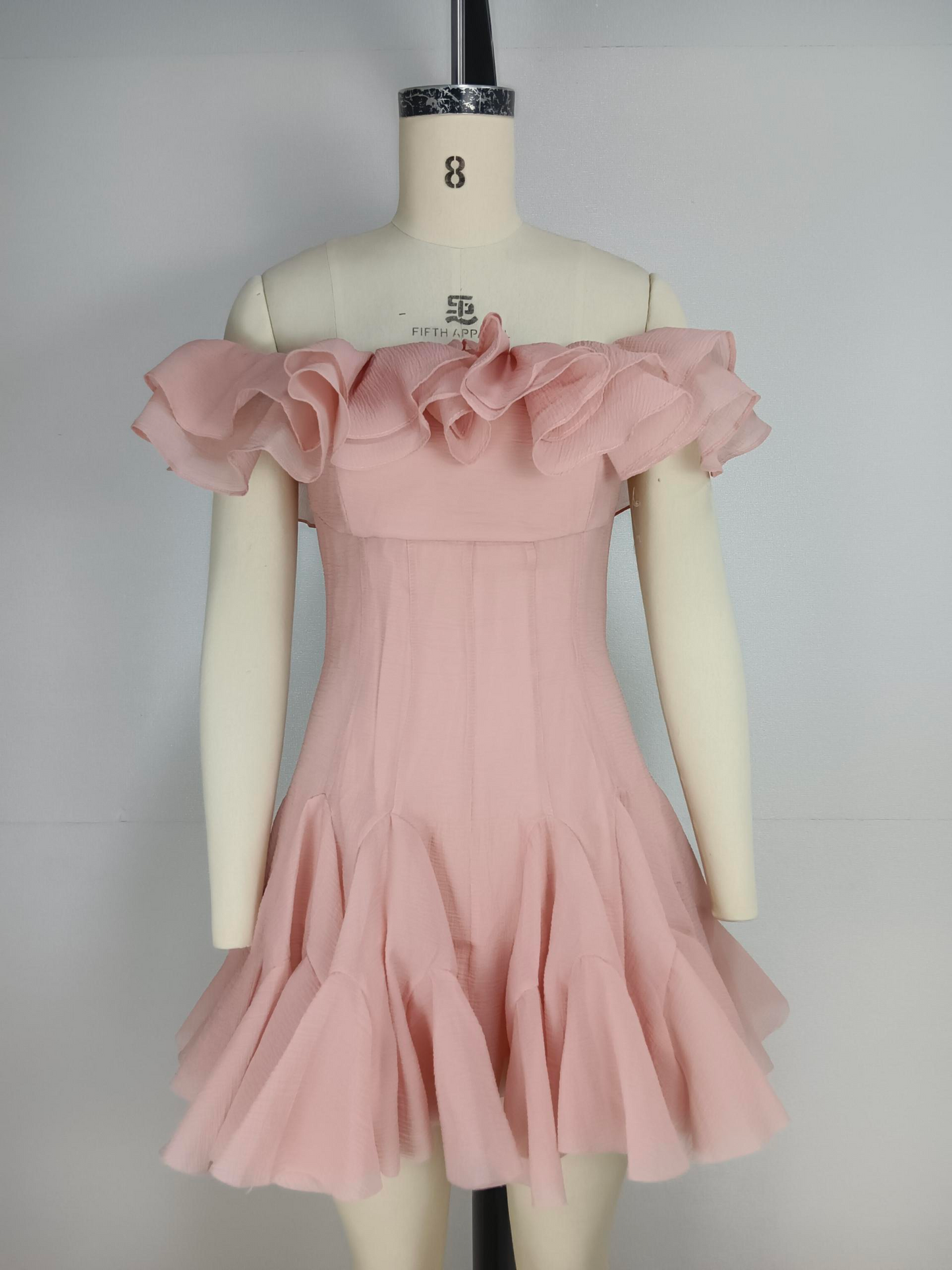 Lotus leaf edge petal one line collar cinched waist slimming A-line dress