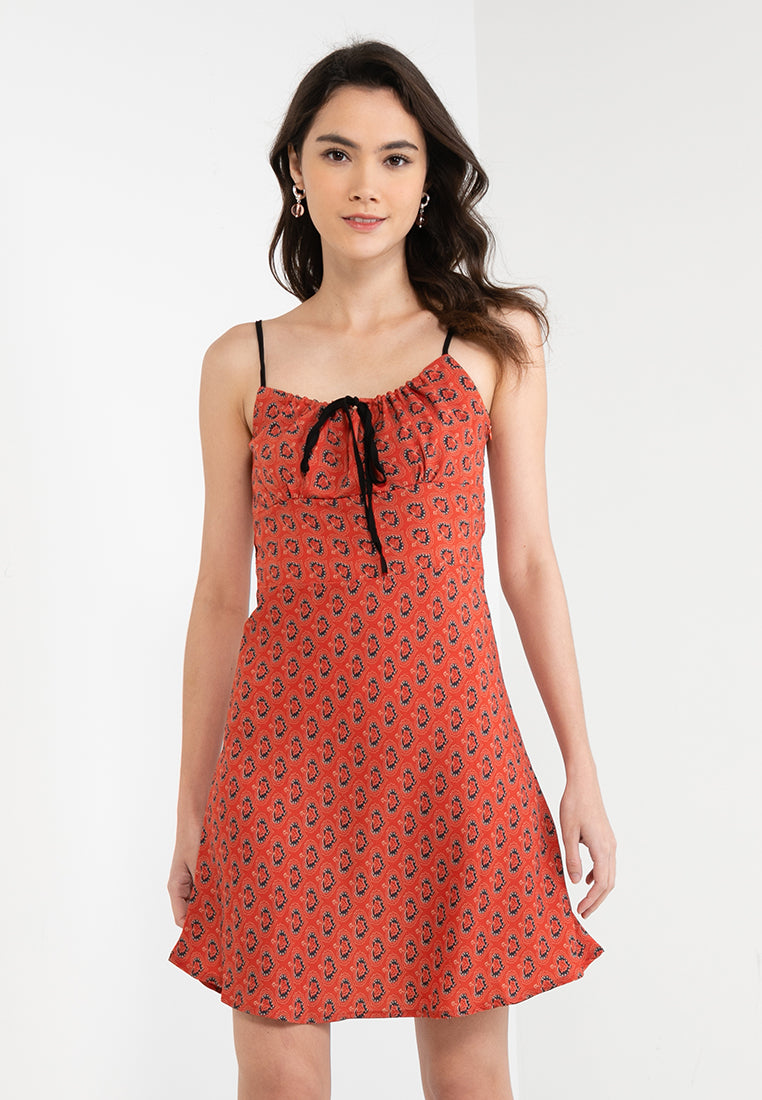 Tie Shoulder Printed Flare Mini Dress