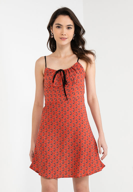 Tie Shoulder Printed Flare Mini Dress