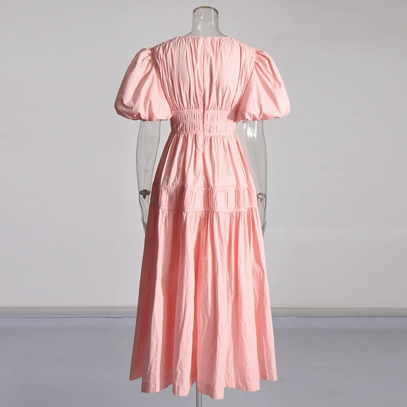 Light luxury temperamen elegant retro bubble sleeves western-style ruffle hem, waist cinched A-line pleated dress