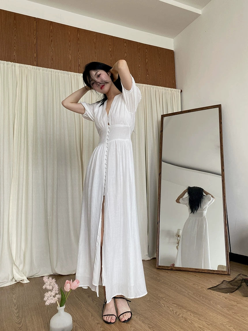 Ins style elegant dress with V-neck slit bubble sleeves for slimming desig simple long skirt