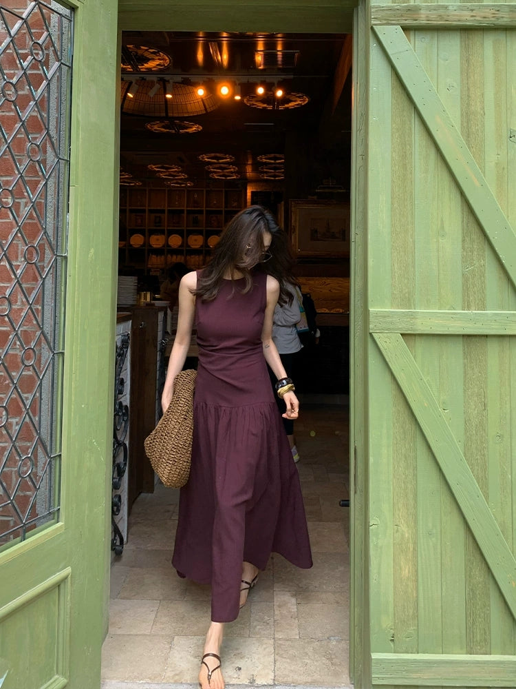 Summer Daily Leisure Tencel Linen Dress Women's Summer Wrinkled Waist for slimming and high-end feeling Sleeveless Medium length Skirt