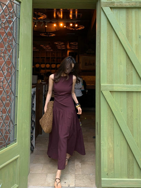 Summer Daily Leisure Tencel Linen Dress Women's Summer Wrinkled Waist for slimming and high-end feeling Sleeveless Medium length Skirt