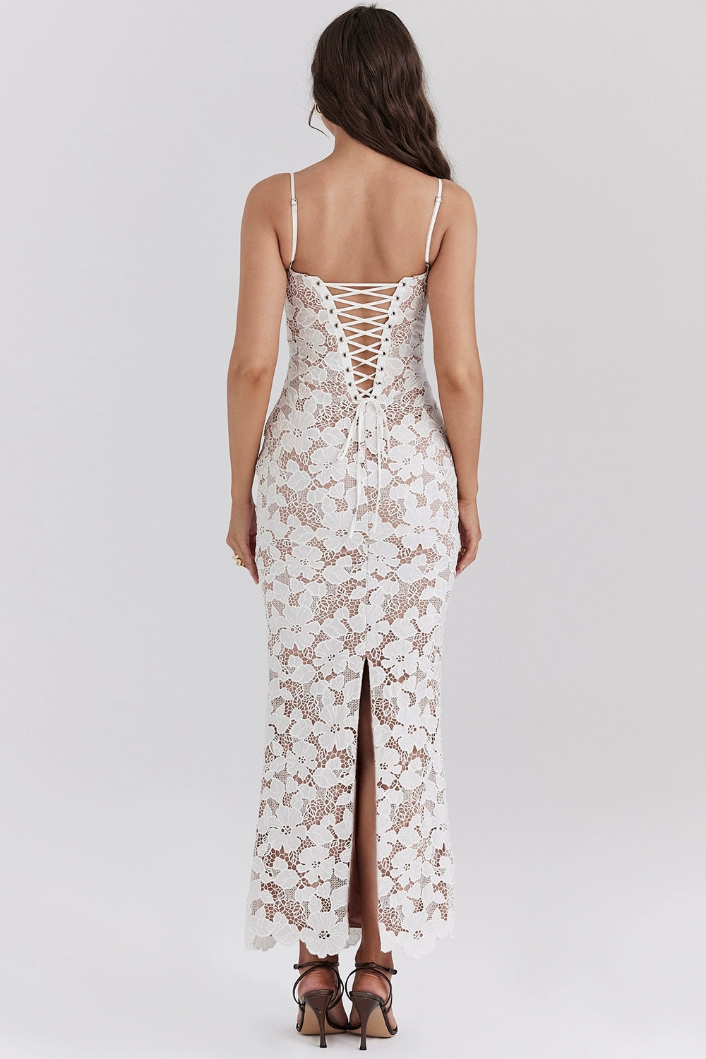 New white flower embroidered extra long suspender back strap dress